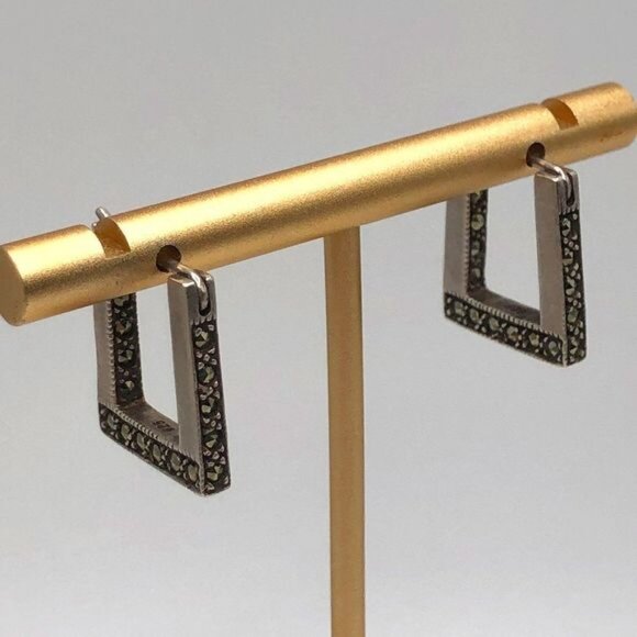 Square Hoop Earrings Sterling Silver Marcasite Glimmer Hinged Milgrain - Picture 2 of 4